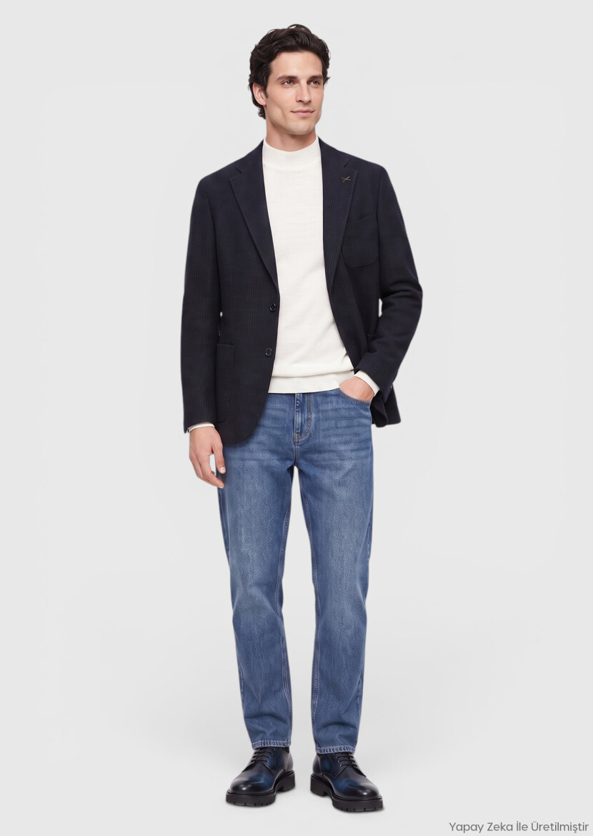 Lacivert Düz Shirt Shoulder Slim Fit Yün Karışımlı Örme Ceket - RAMSEY