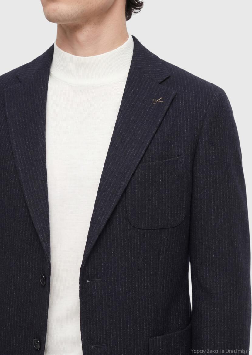 Lacivert Düz Shirt Shoulder Slim Fit Yün Karışımlı Örme Ceket - RAMSEY