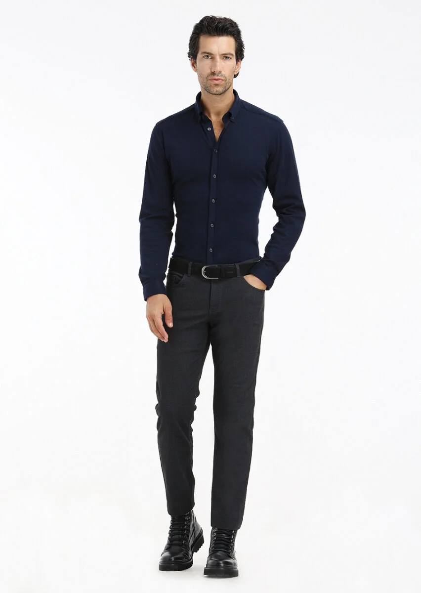 Lacivert Düz Slim Fit Casual %100 Pamuk Gömlek - 1
