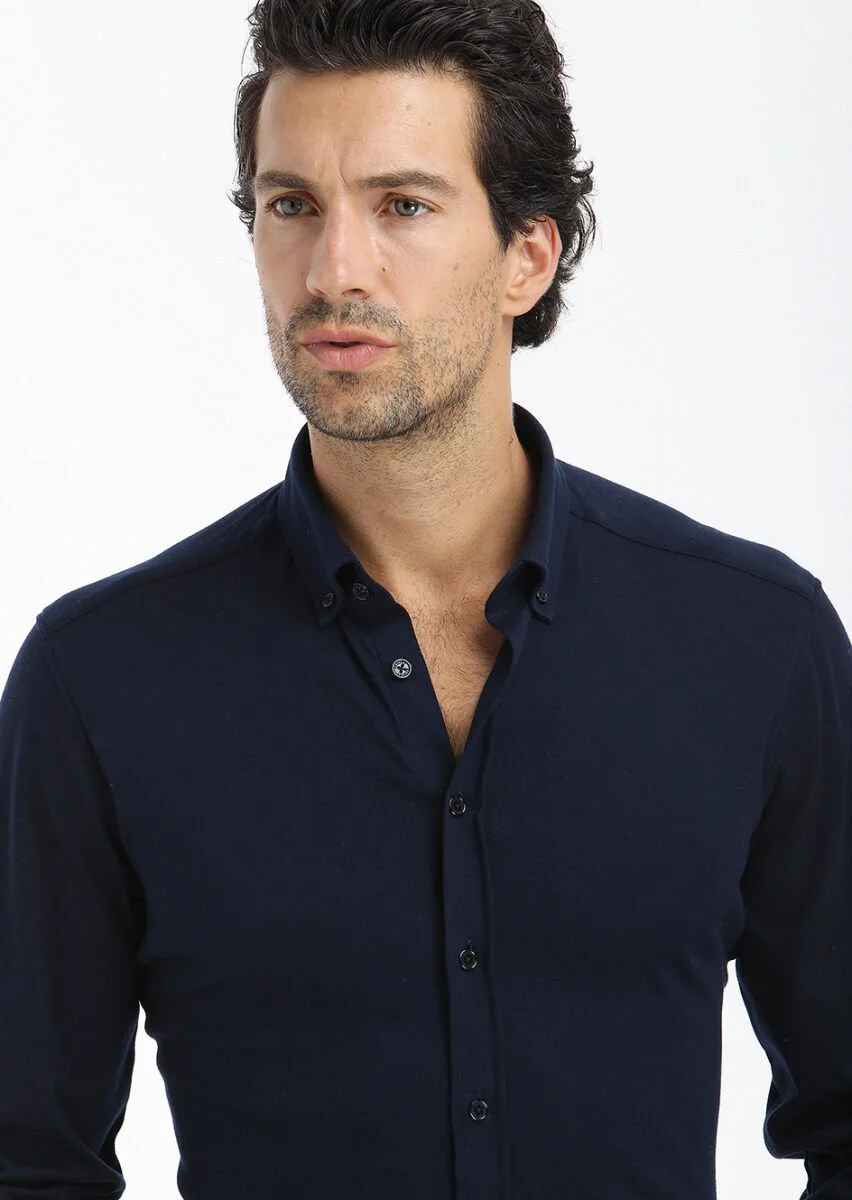Lacivert Düz Slim Fit Casual %100 Pamuk Gömlek - 2
