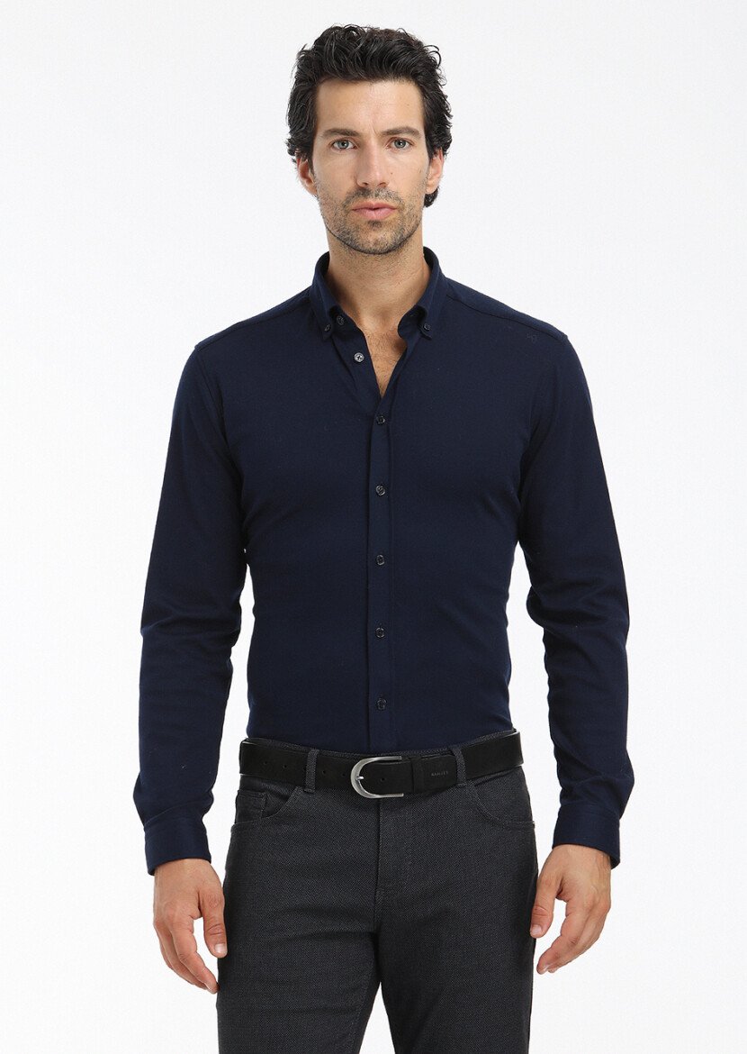 Lacivert Düz Slim Fit Casual %100 Pamuk Gömlek - 3