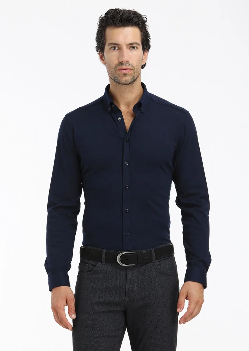 Lacivert Düz Slim Fit Casual %100 Pamuk Gömlek - 3