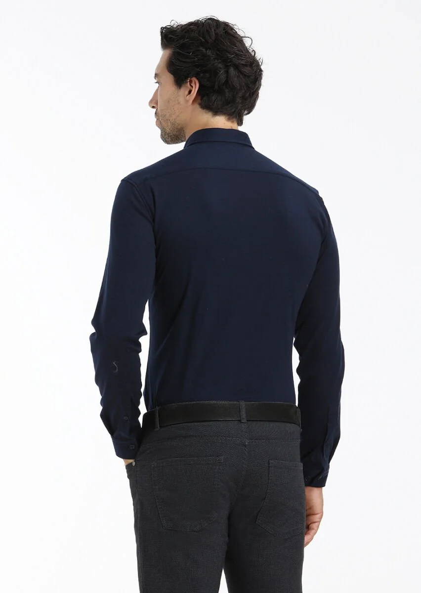 Lacivert Düz Slim Fit Casual %100 Pamuk Gömlek - 4