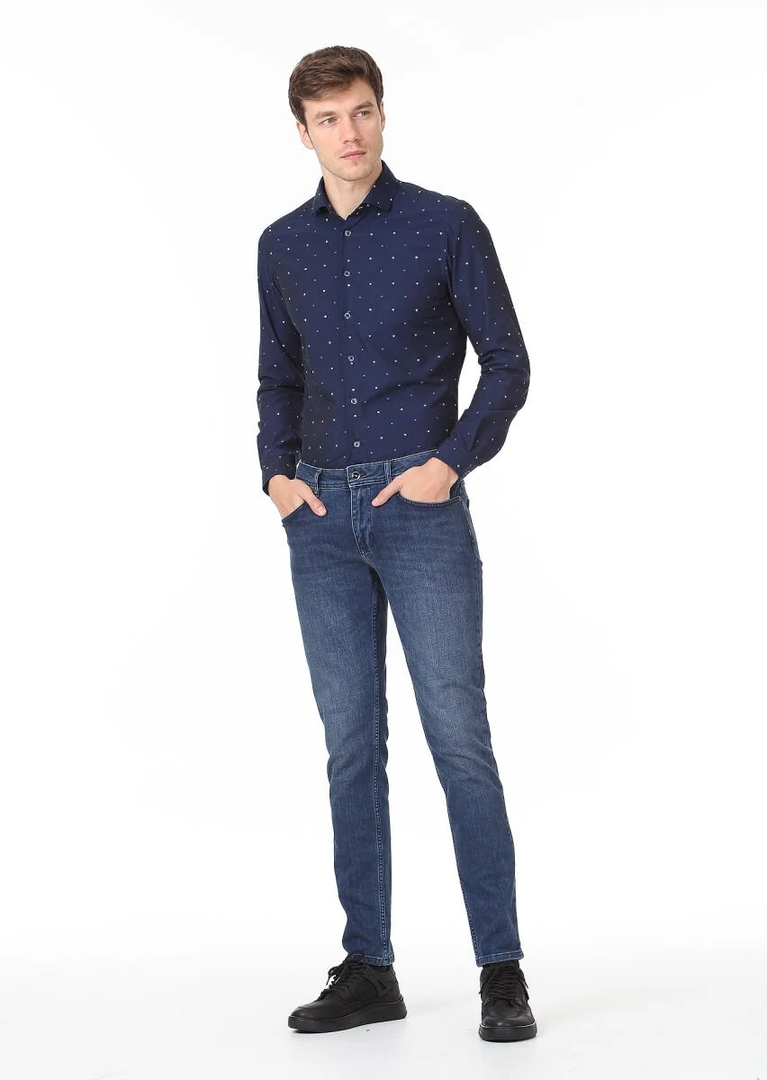 Lacivert Düz Slim Fit Denim Pamuk Karışımlı Pantolon - 1