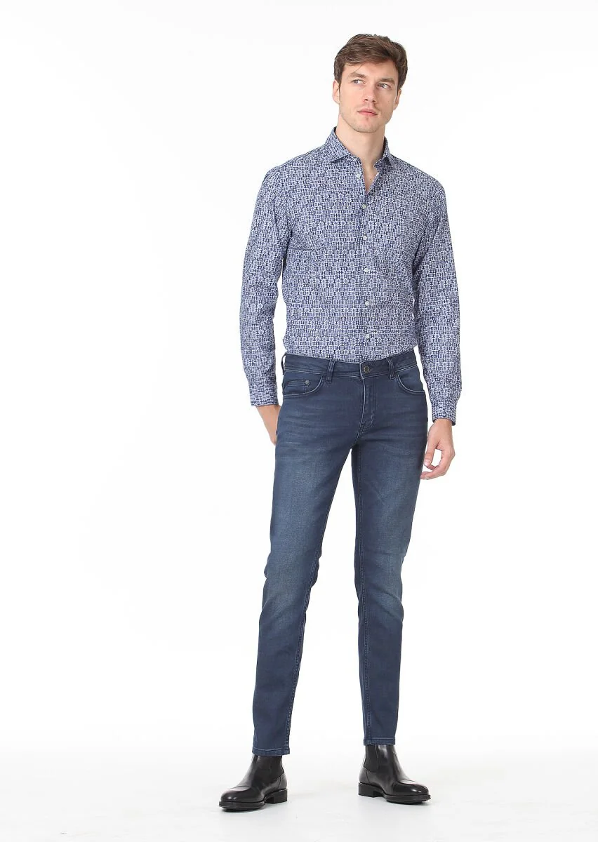 Lacivert Düz Slim Fit Denim Pamuk Karışımlı Pantolon - 2