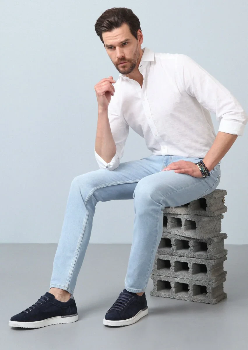 Lacivert Düz Slim Fit Denim Pamuk Karışımlı Pantolon - 1