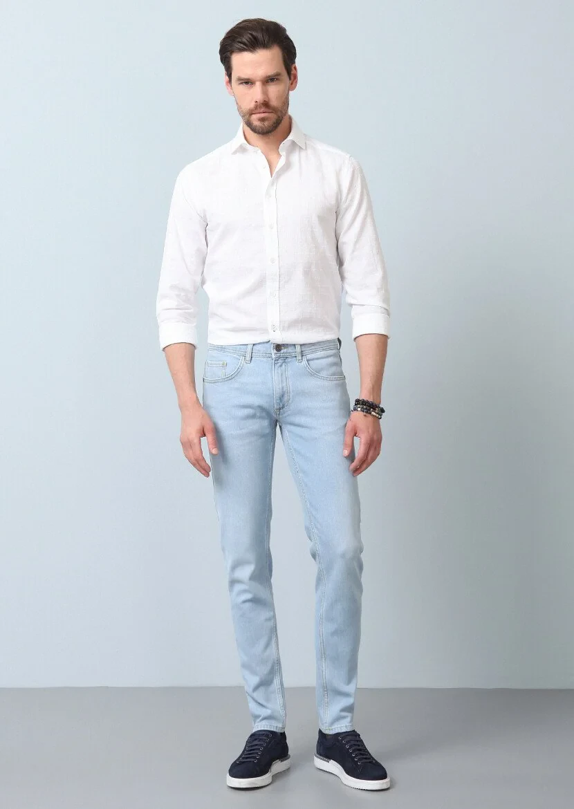 Lacivert Düz Slim Fit Denim Pamuk Karışımlı Pantolon - 3