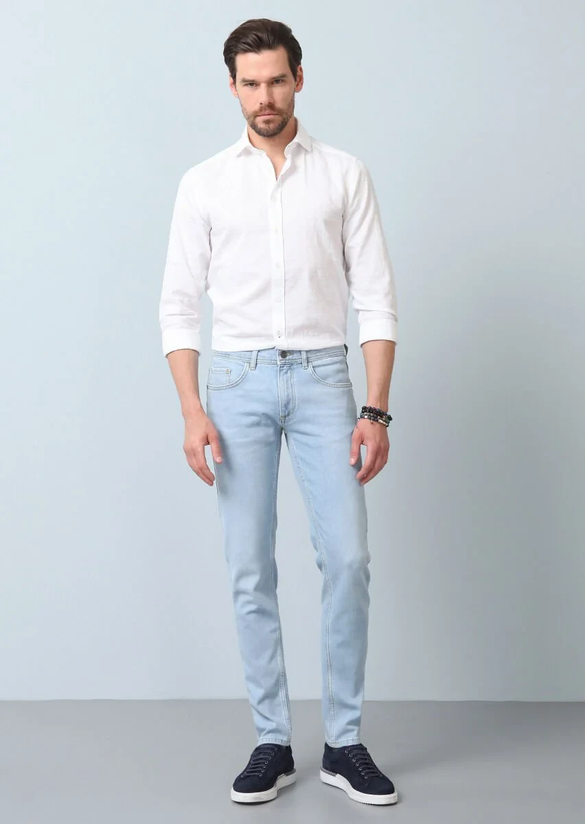 Lacivert Düz Slim Fit Denim Pamuk Karışımlı Pantolon - 3