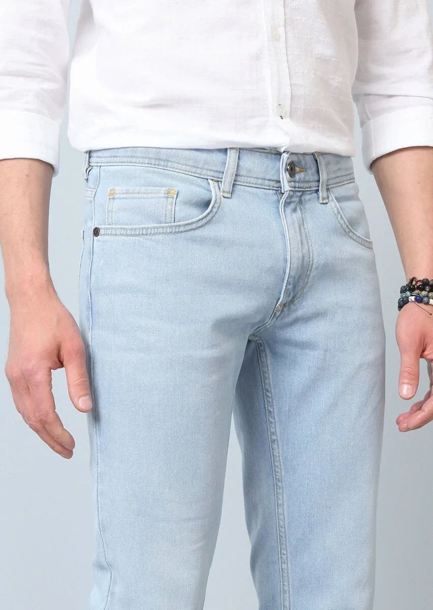 Lacivert Düz Slim Fit Denim Pamuk Karışımlı Pantolon - 4
