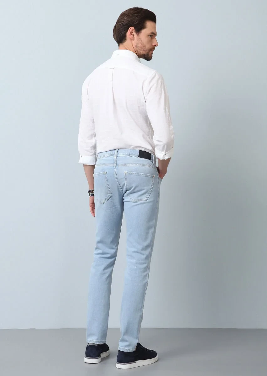 Lacivert Düz Slim Fit Denim Pamuk Karışımlı Pantolon - 6