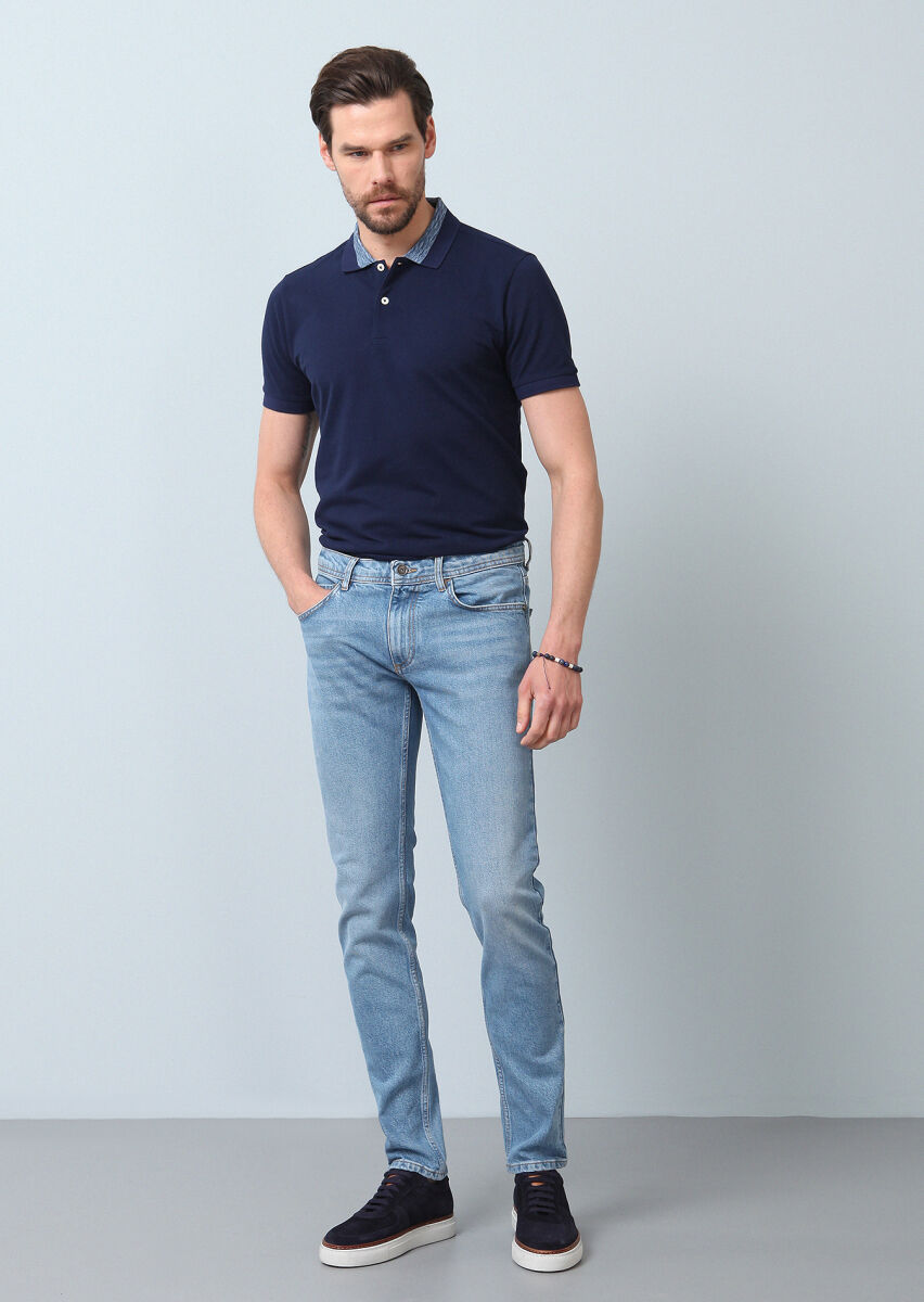 Lacivert Düz Slim Fit Denim Pamuk Karışımlı Pantolon - 1