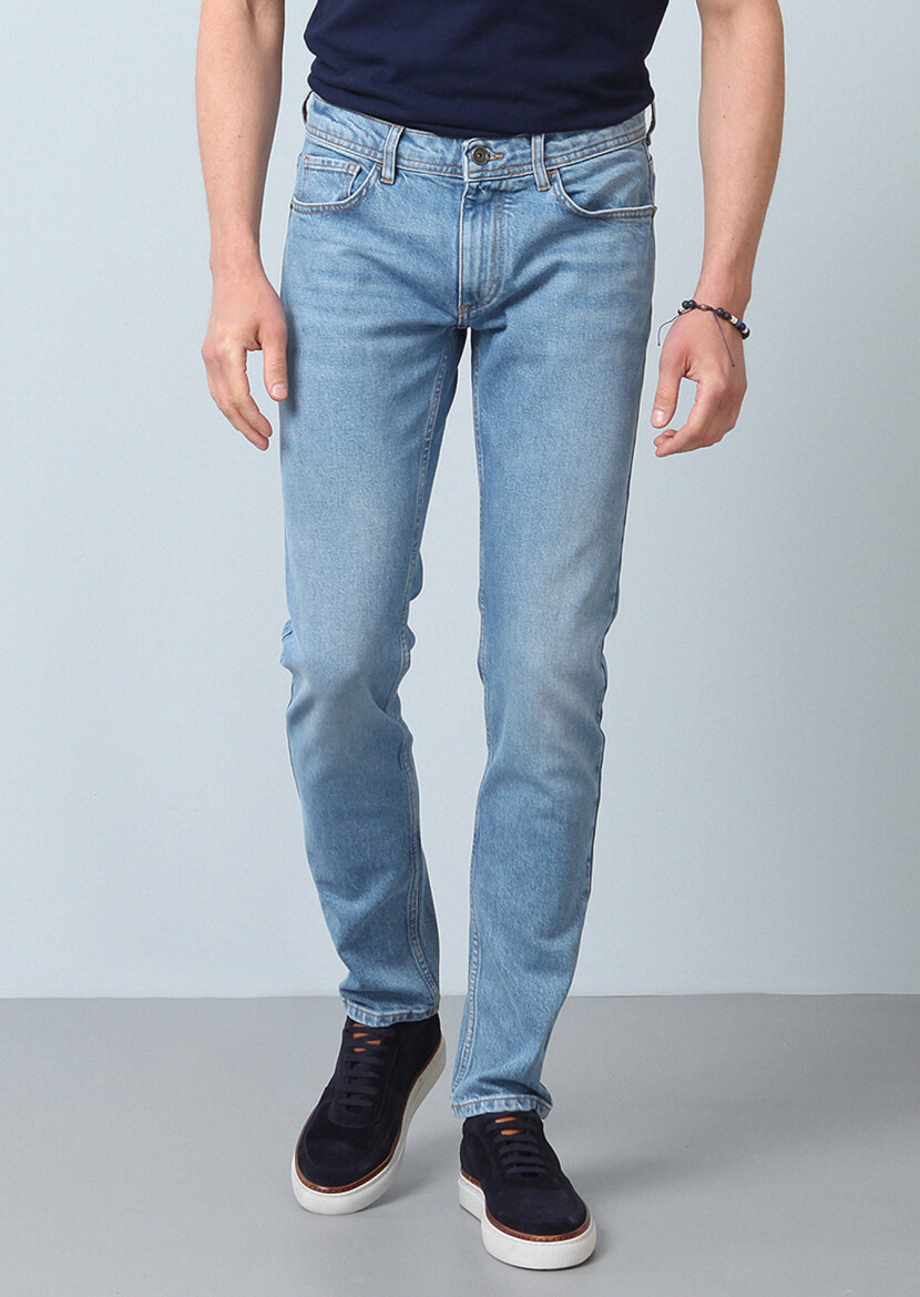 Lacivert Düz Slim Fit Denim Pamuk Karışımlı Pantolon - 3