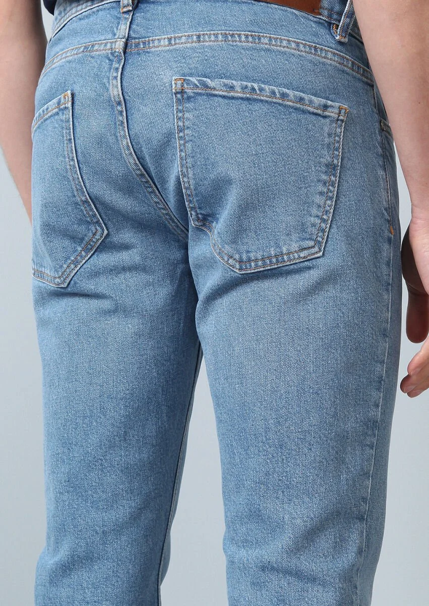 Lacivert Düz Slim Fit Denim Pamuk Karışımlı Pantolon - 3