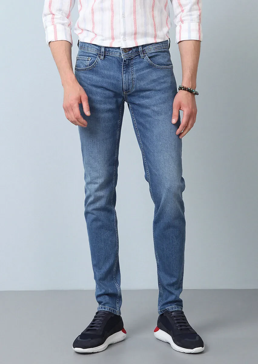 Lacivert Düz Slim Fit Denim Pamuk Karışımlı Pantolon - 1