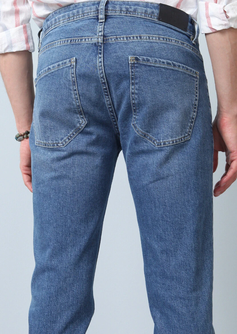 Lacivert Düz Slim Fit Denim Pamuk Karışımlı Pantolon - 4
