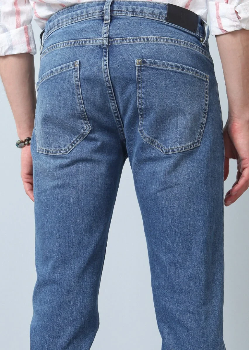 Lacivert Düz Slim Fit Denim Pamuk Karışımlı Pantolon - 4