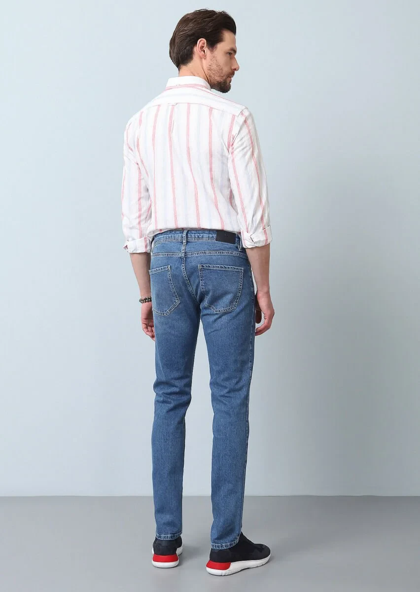 Lacivert Düz Slim Fit Denim Pamuk Karışımlı Pantolon - 5