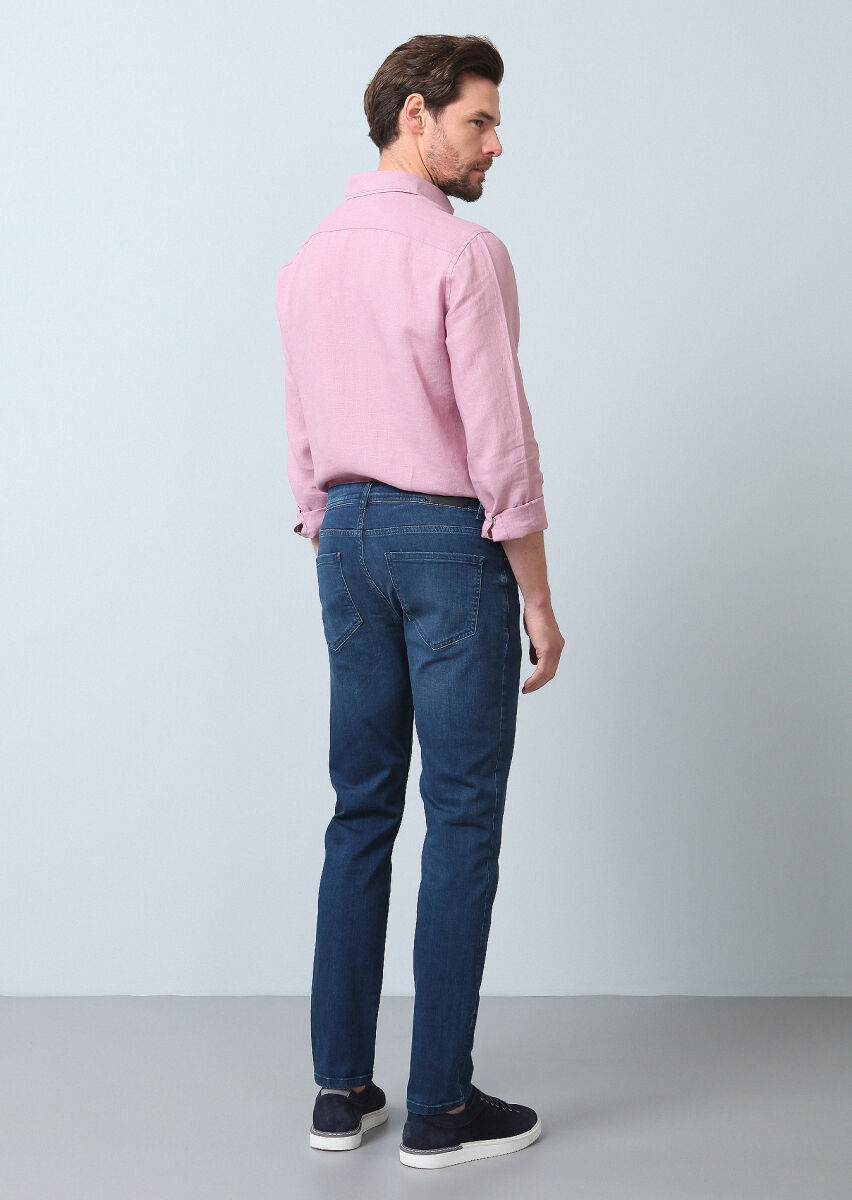 Lacivert Düz Slim Fit Denim Pamuk Karışımlı Pantolon - 3