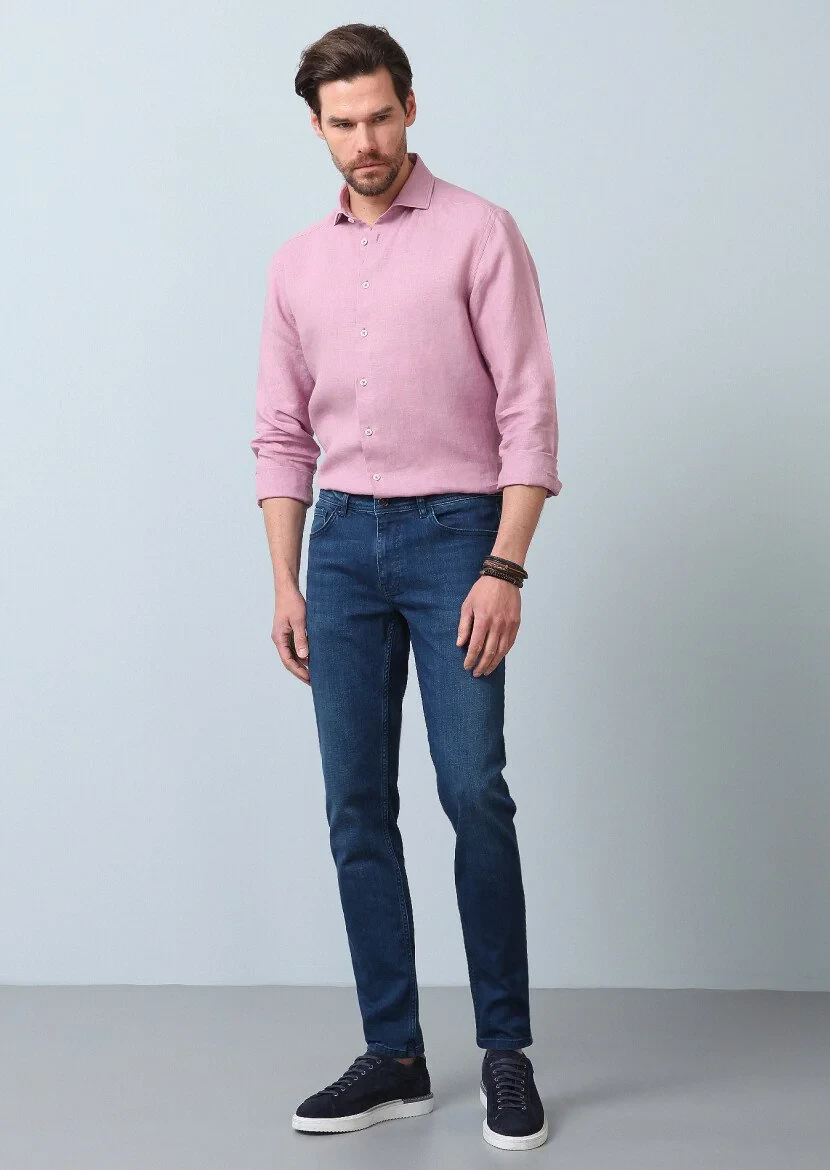 Lacivert Düz Slim Fit Denim Pamuk Karışımlı Pantolon - 3