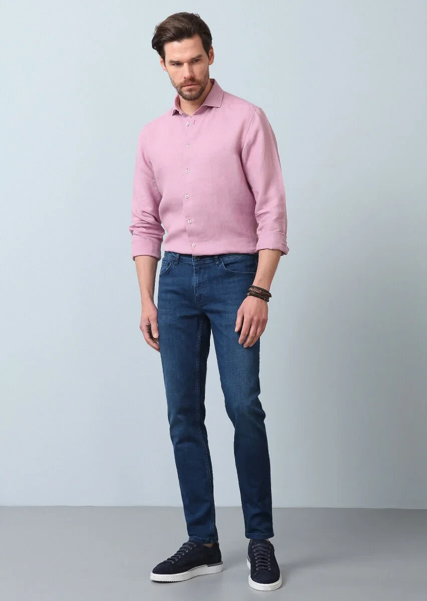 Lacivert Düz Slim Fit Denim Pamuk Karışımlı Pantolon - 3