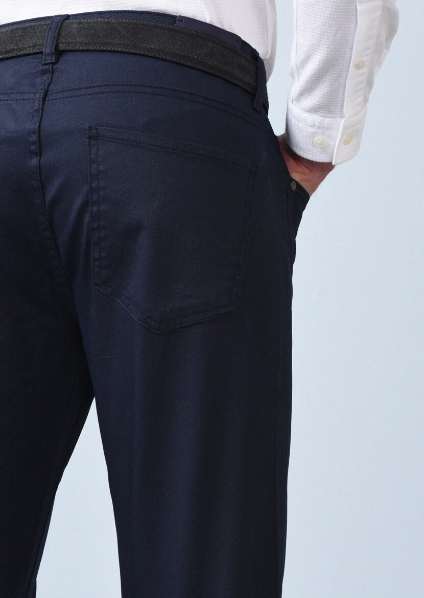Lacivert Düz Slim Fit Denim Pamuk Karışımlı Pantolon - 5