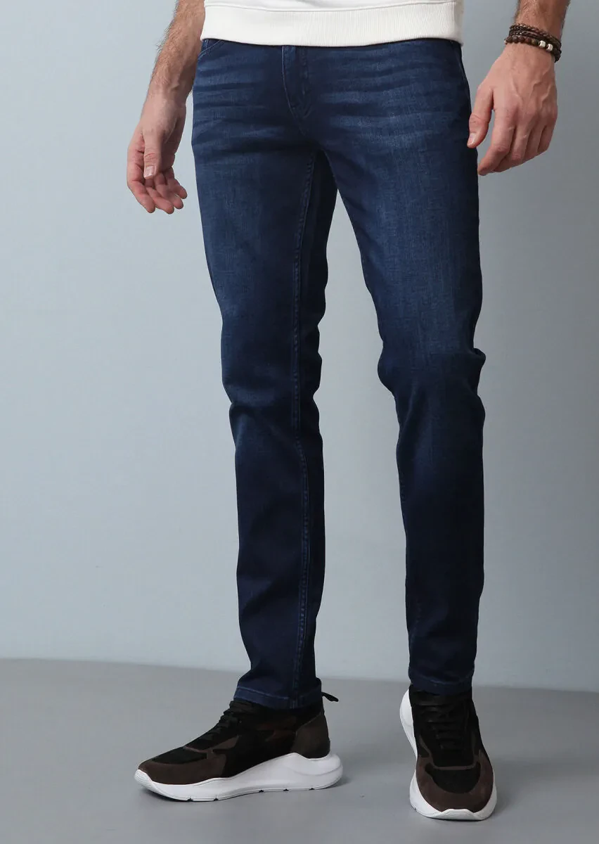 Lacivert Düz Slim Fit Denim Pamuk Karışımlı Pantolon - 1