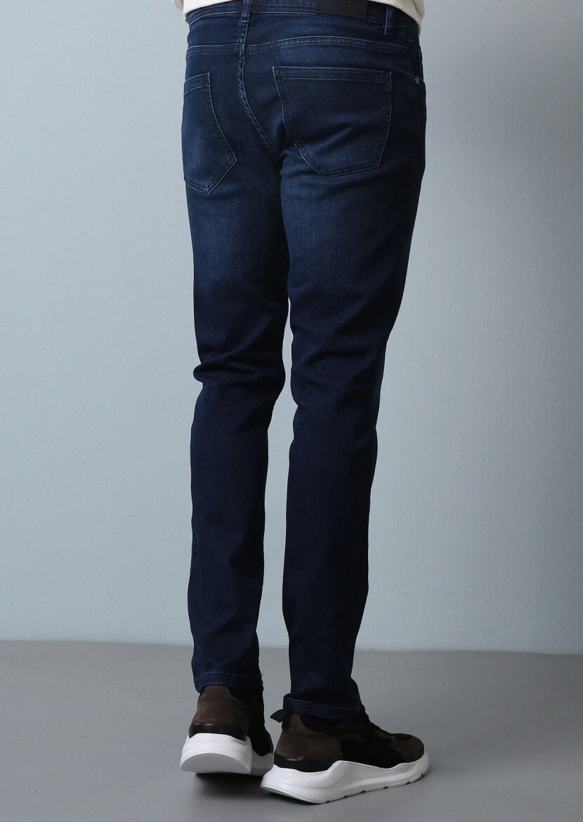 Lacivert Düz Slim Fit Denim Pamuk Karışımlı Pantolon - 5