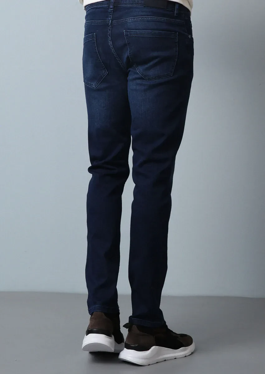 Lacivert Düz Slim Fit Denim Pamuk Karışımlı Pantolon - 5
