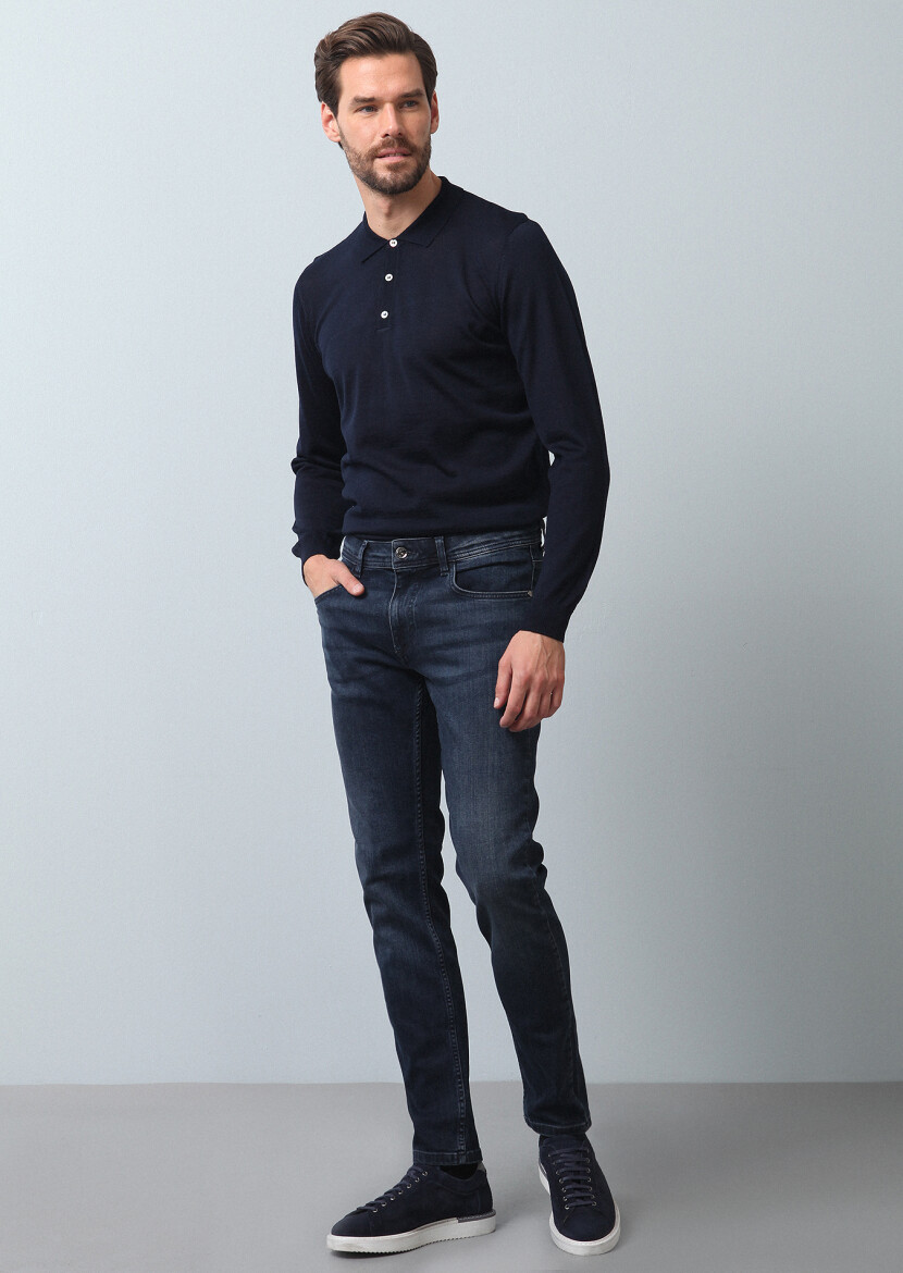 Lacivert Düz Slim Fit Denim Pamuk Karışımlı Pantolon - 1