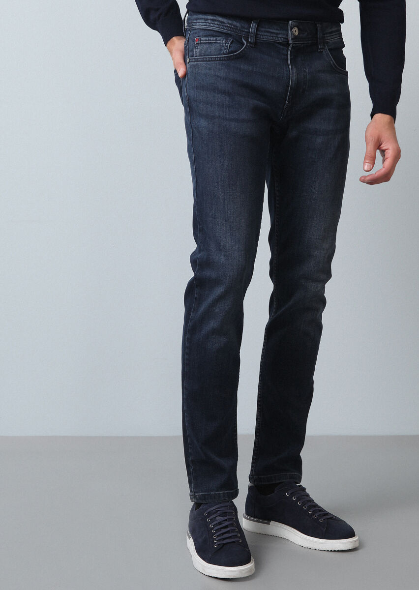 Lacivert Düz Slim Fit Denim Pamuk Karışımlı Pantolon - 2