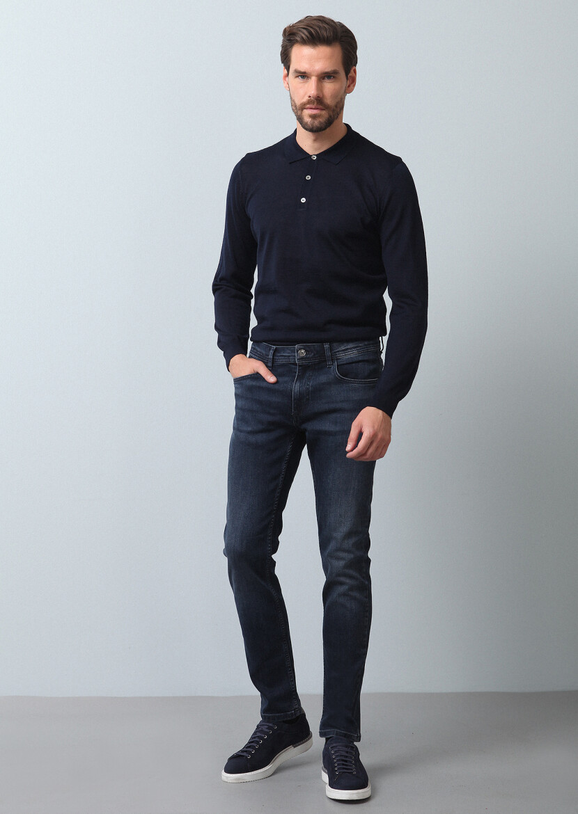 Lacivert Düz Slim Fit Denim Pamuk Karışımlı Pantolon - 4
