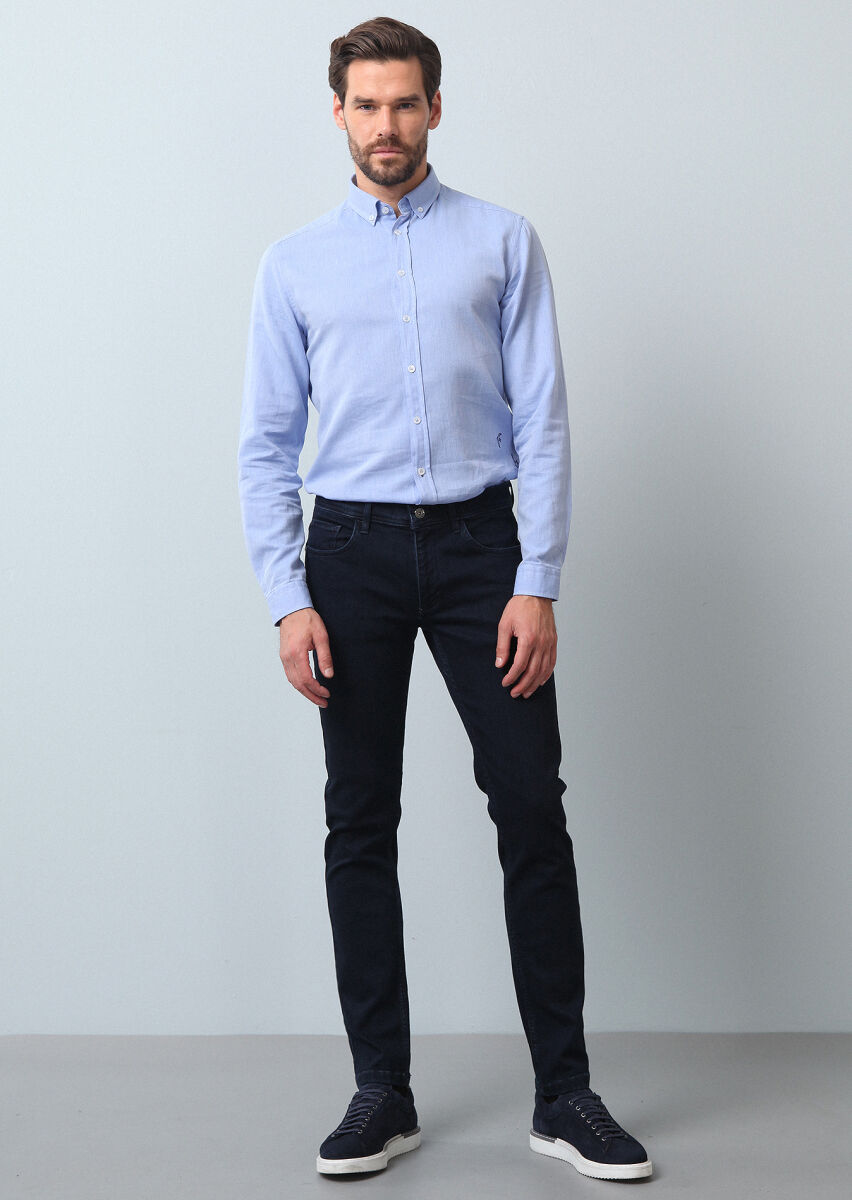 Lacivert Düz Slim Fit Denim Pamuk Karışımlı Pantolon - 3