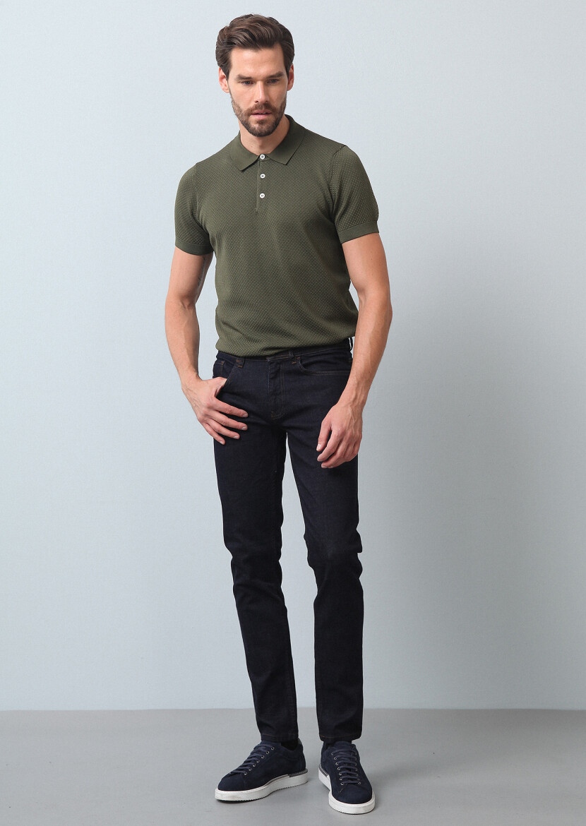 Lacivert Düz Slim Fit Denim Pamuk Karışımlı Pantolon - 1