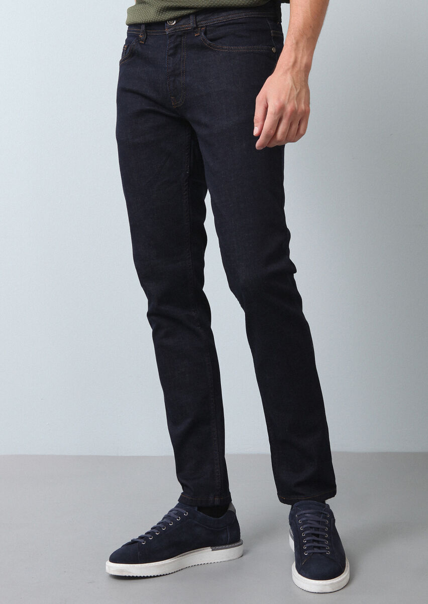 Lacivert Düz Slim Fit Denim Pamuk Karışımlı Pantolon - 3