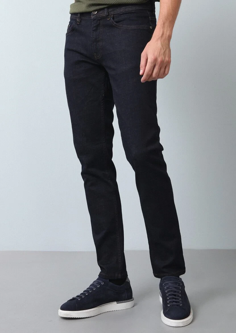 Lacivert Düz Slim Fit Denim Pamuk Karışımlı Pantolon - 3