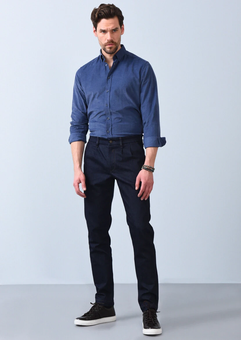 Lacivert Düz Slim Fit Denim Pamuk Karışımlı Pantolon - 1