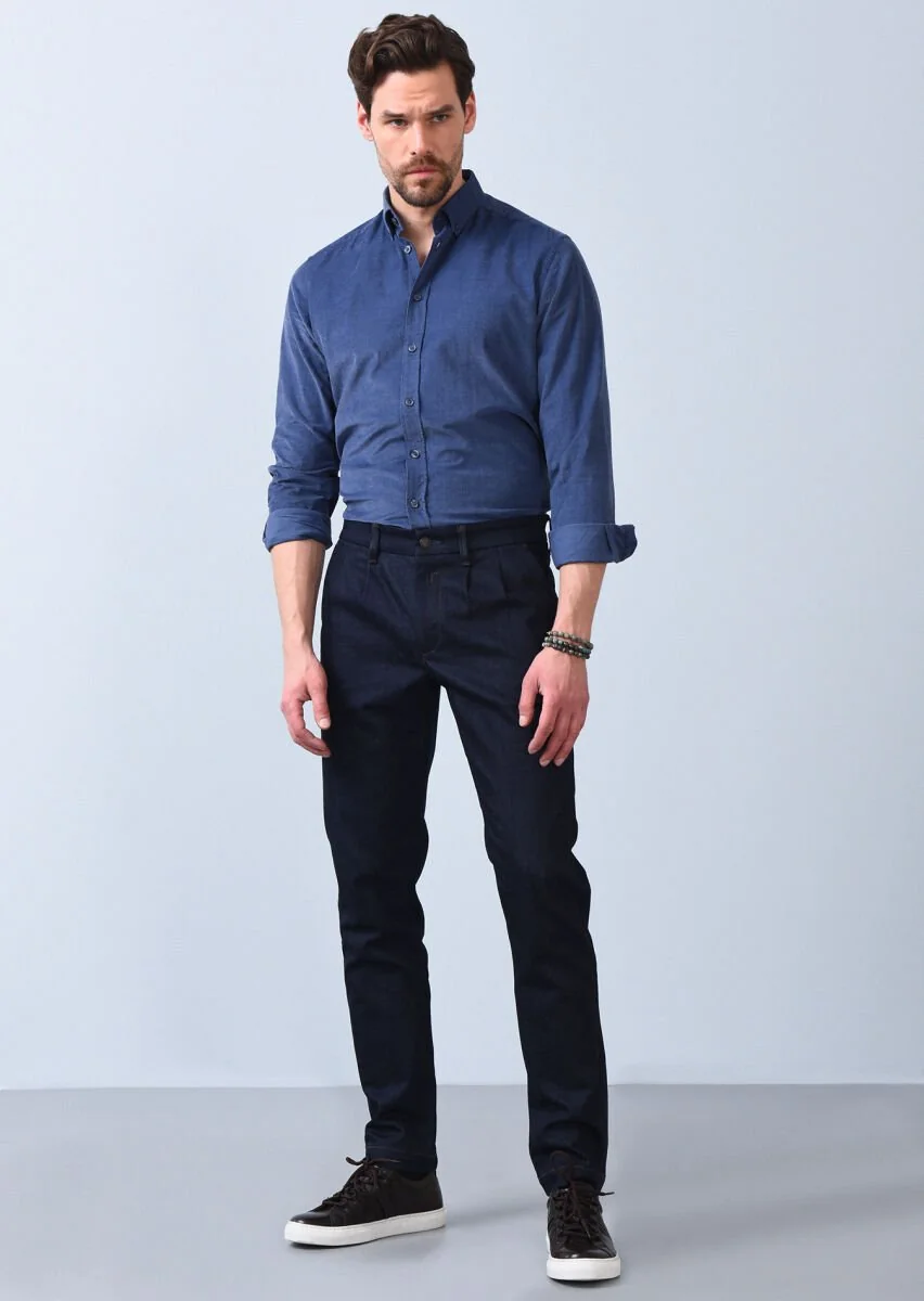 Lacivert Düz Slim Fit Denim Pamuk Karışımlı Pantolon - 1