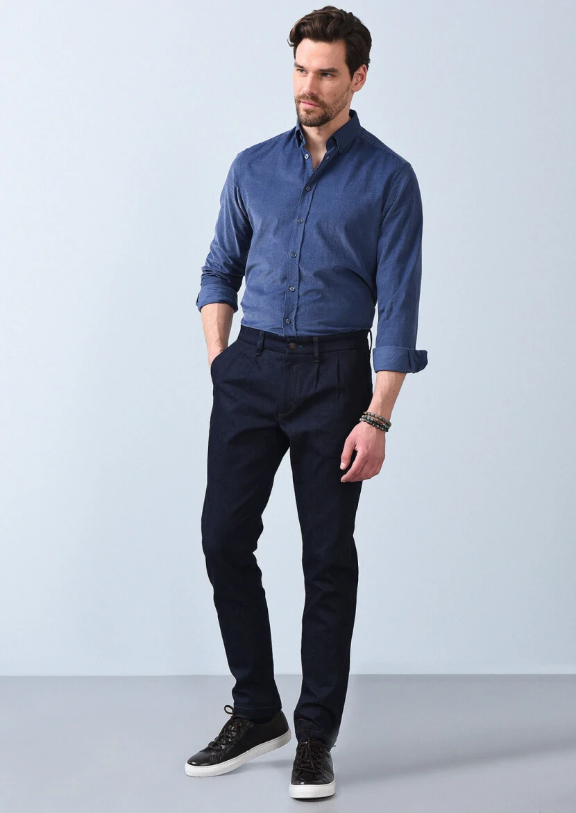 Lacivert Düz Slim Fit Denim Pamuk Karışımlı Pantolon - 3
