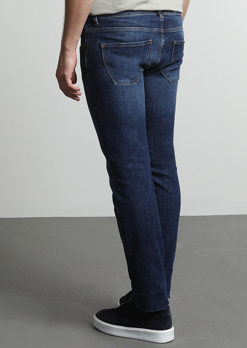 Lacivert Düz Slim Fit Denim Pamuk Karışımlı Pantolon - 3
