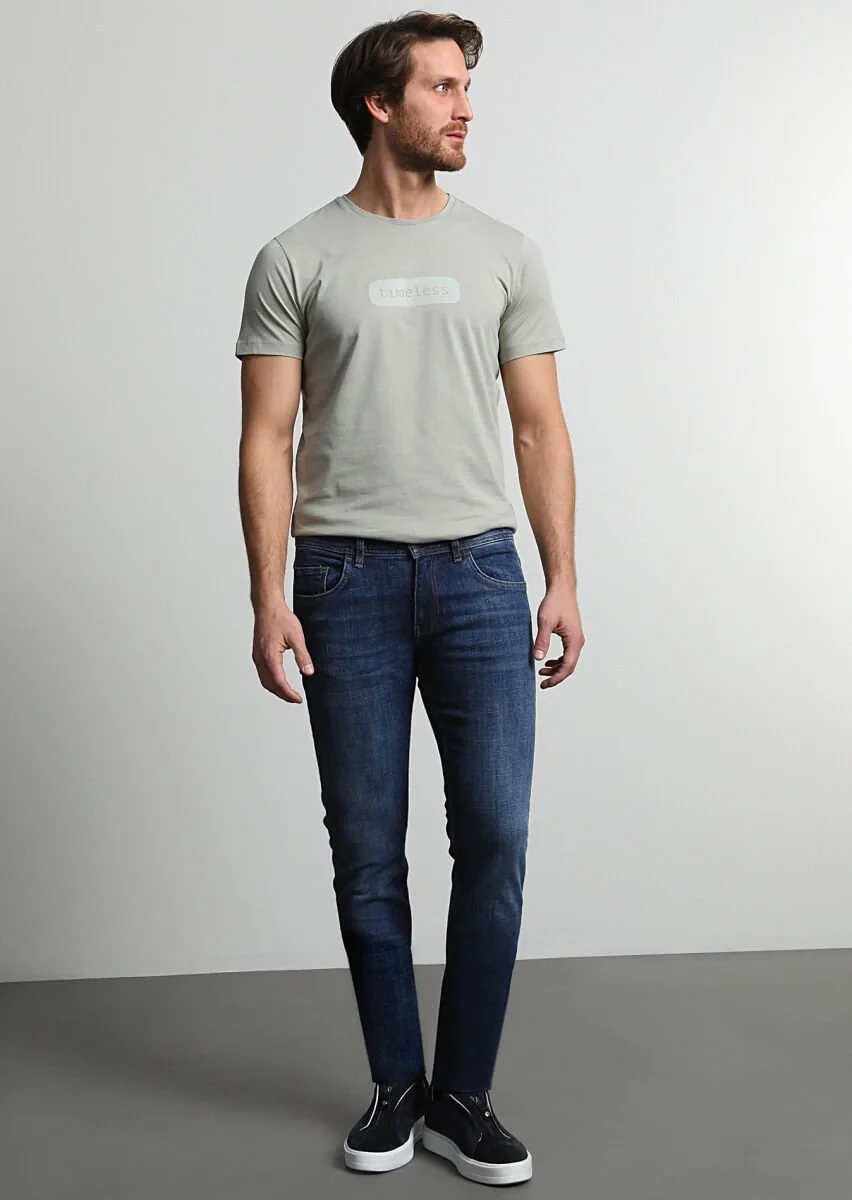Lacivert Düz Slim Fit Denim Pamuk Karışımlı Pantolon - 1