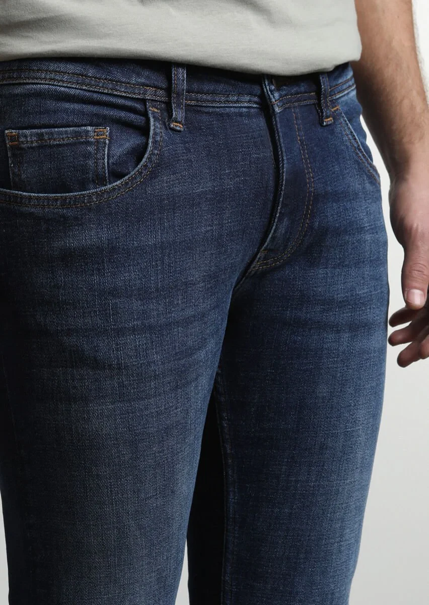 Lacivert Düz Slim Fit Denim Pamuk Karışımlı Pantolon - 3