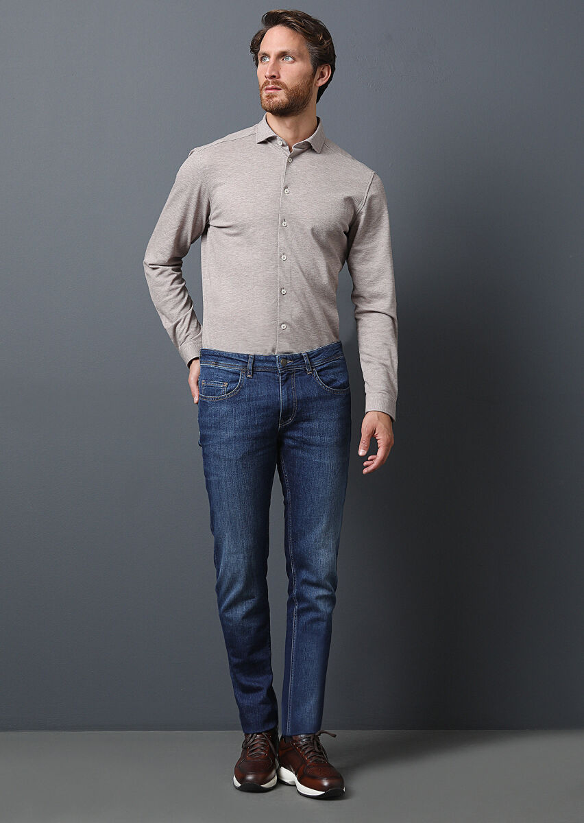 Lacivert Düz Slim Fit Denim Pamuk Karışımlı Pantolon - 3