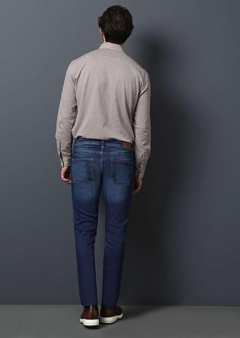 Lacivert Düz Slim Fit Denim Pamuk Karışımlı Pantolon - 4