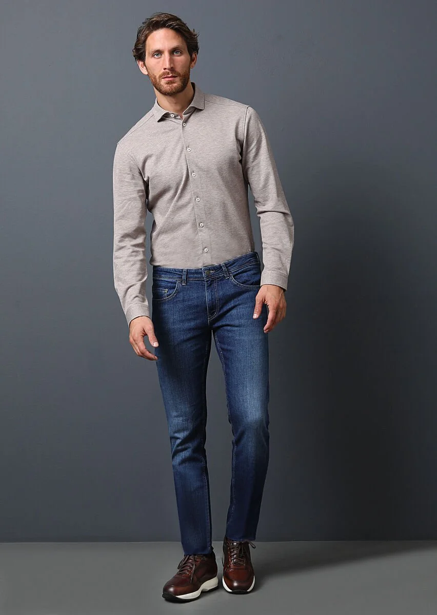 Lacivert Düz Slim Fit Denim Pamuk Karışımlı Pantolon - 1