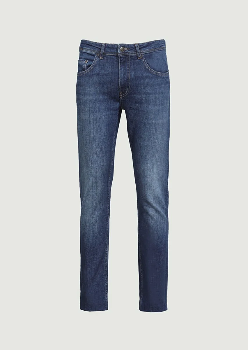 Lacivert Düz Slim Fit Denim Pamuk Karışımlı Pantolon - 6