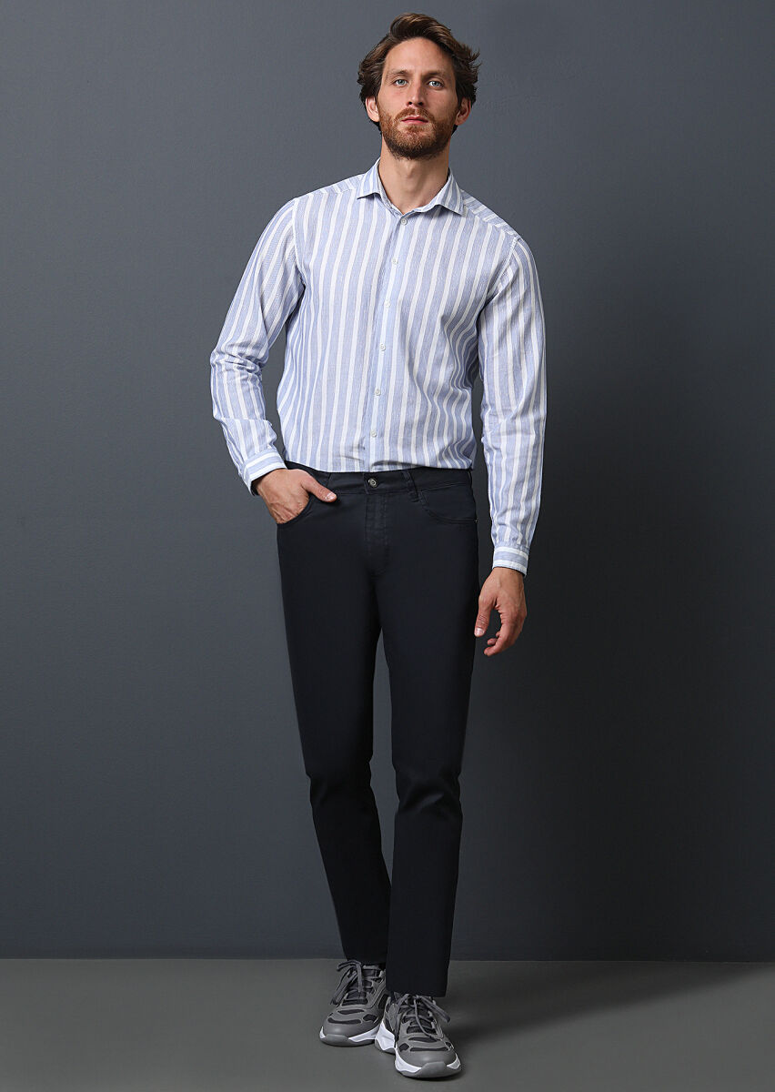 Lacivert Düz Slim Fit Denim Pamuk Karışımlı Pantolon - 1