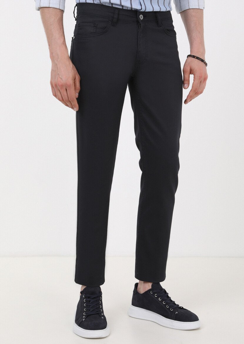 Lacivert Düz Slim Fit Denim Pamuk Karışımlı Pantolon 
