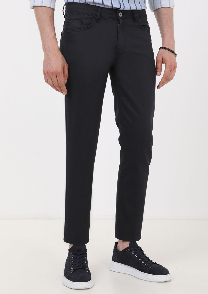 Lacivert Düz Slim Fit Denim Pamuk Karışımlı Pantolon - 2