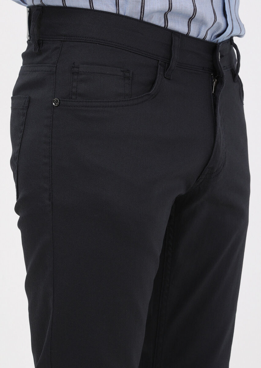 Lacivert Düz Slim Fit Denim Pamuk Karışımlı Pantolon - 3