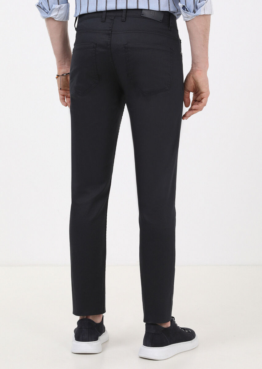 Lacivert Düz Slim Fit Denim Pamuk Karışımlı Pantolon - 4
